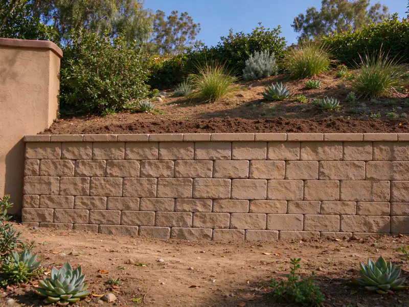 The same segmental block retaining wall rebuilt plumb along that section, with a new cap