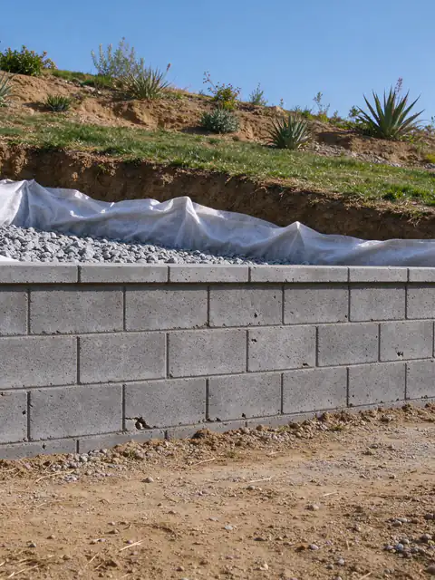 Trench dug behind a block retaining wall in San Diego, with filter fabric lining the soil, clean gravel and a perforated drain pipe at the base