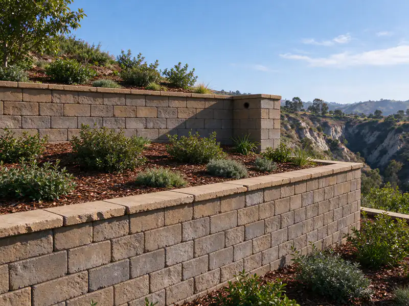 Two finished retaining wall tiers with planted terraces between them on a canyon-rim lot