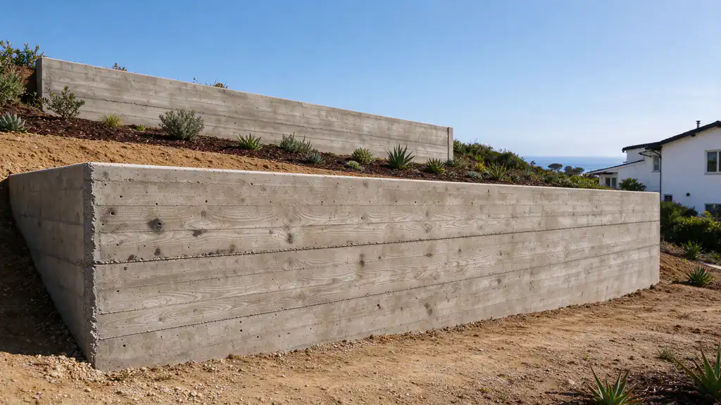 Two low board-formed concrete garden walls terracing a sloped coastal lot in Solana Beach