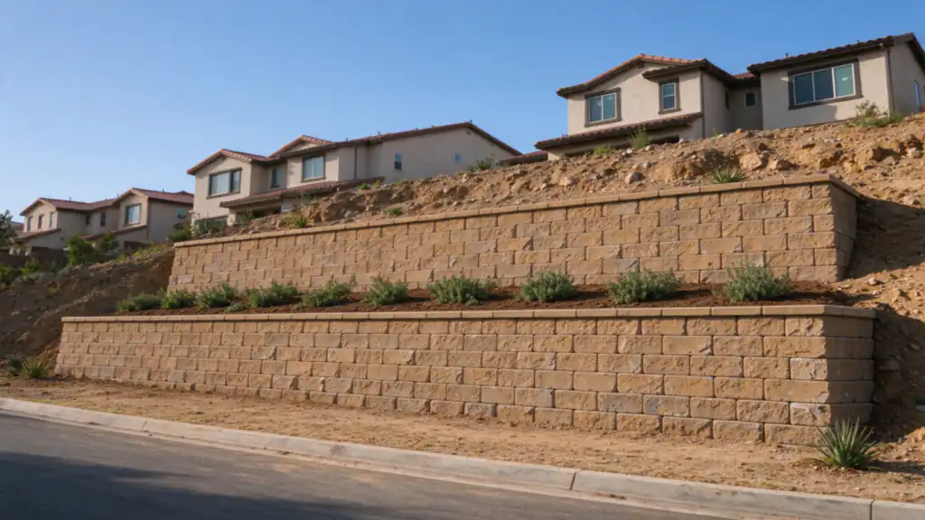 Two tall tiers of segmental block retaining wall holding a rocky hillside behind new homes in San Marcos