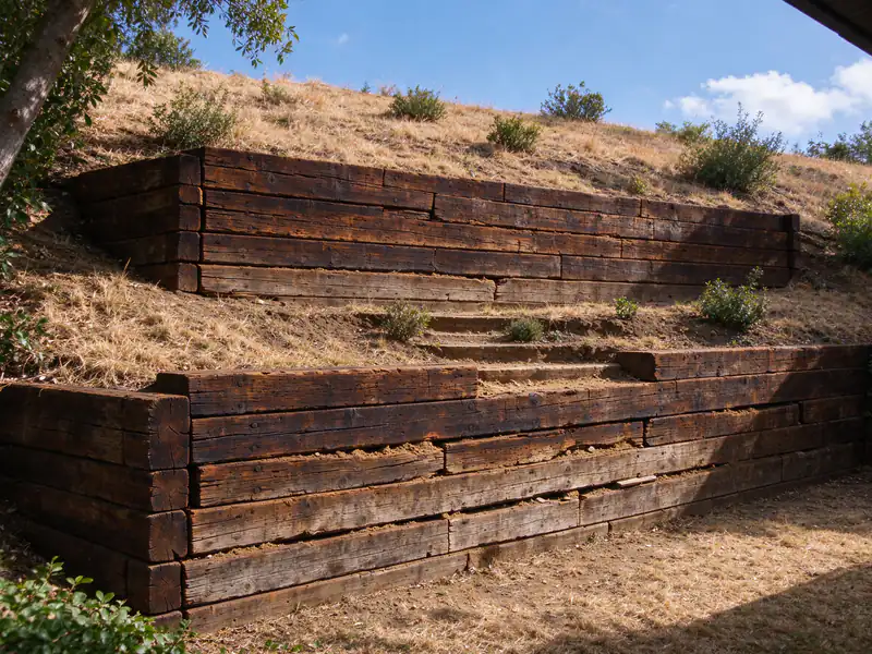 Two tiers of leaning railroad ties holding a backyard slope, with gaps between the ties