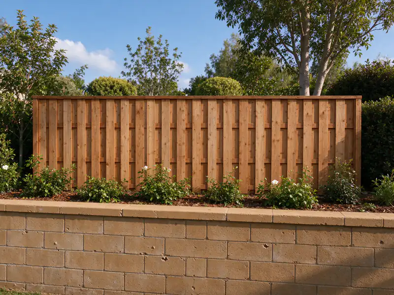 Wood fence set back from the top of a segmental block wall, with a planted strip between them