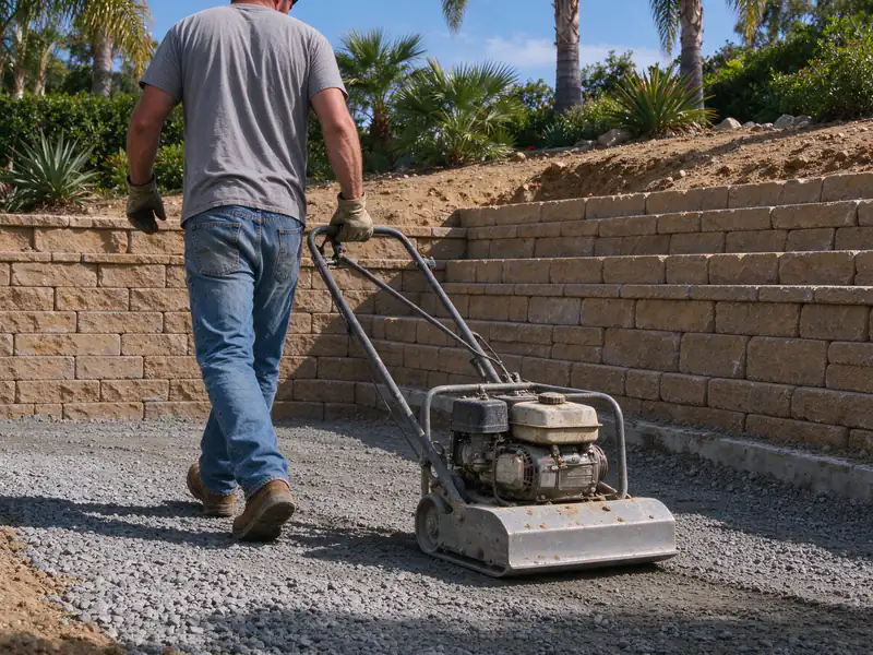 Worker running a plate compactor over a gravel base in front of partly built segmental block courses